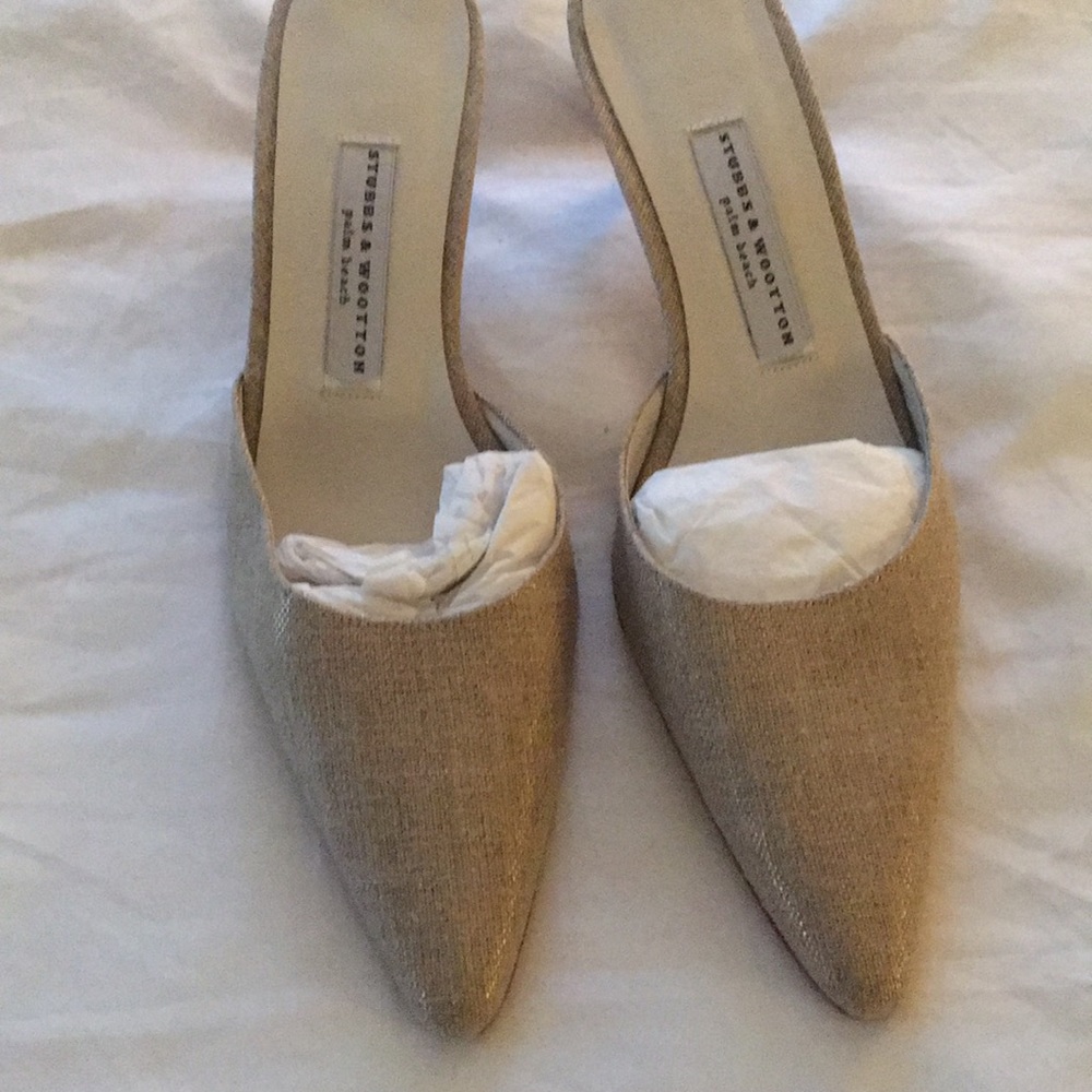 Shimmer linen Stubbs and Wooten mules